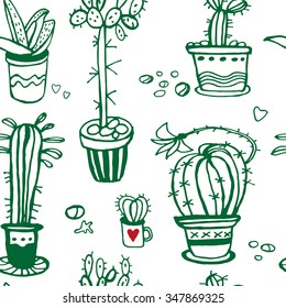 Seamless cute pattern with succulents. Hand drawn background.