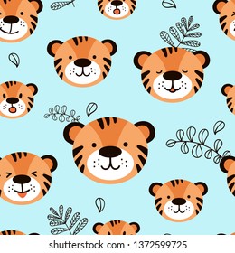 Seamless cute pattern with tiger and floral elements in cartoon style. Vector illustration.  - Vector