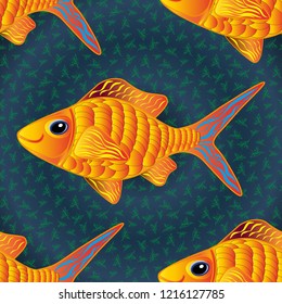 Seamless cute pattern with tropical fish in gray, blue and green colors. Vector illustration.