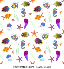 Seamless cute pattern with tropical fish in white, violet and orange colors. Vector illustration.