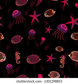 Seamless cute pattern with tropical fish in brown, black and purple colors. Vector illustration.