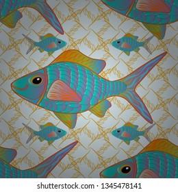 Seamless cute pattern with tropical fish in gray, blue and orange colors. Vector illustration.