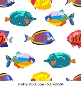 Seamless cute pattern with tropical fish