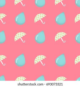 Seamless cute pattern with umbrella and water drop, weather concept on pink background, pastel color