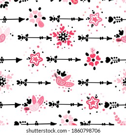 Seamless cute pattern for Valentine's day. Arrows with flowers in the Scandinavian style. Cartoon Doodle illustration