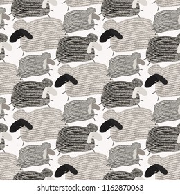 Seamless cute pattern vector illustration of graphic drawing funny sheep on white background. Fluffy wool pet background for fabric, textile, paper, wallpaper, wrapping, greeting card. Scandinavian