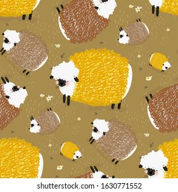 Seamless cute pattern vector illustration of funny sheeps. Fluffy wool pet scandinavian background for fabric, textile, paper, wallpaper, wrapping or greeting card. 