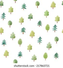 Seamless cute pattern with watercolor trees. Vector illustration