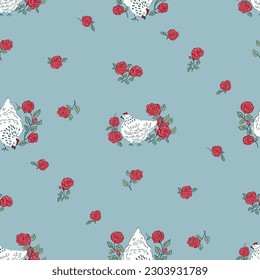 Seamless cute pattern of white hens and red roses against a light blue background. Great fit for a cottage style, farm house, wallpapers, clothing, quilting, stationery, blankets, kidswear and more.