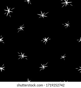 Seamless cute pattern with white shining stars on black background. Vector illustration. Magic fireworks. Bright Stardust wallpaper.  Night sky ornament. Constellation. 