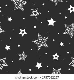 Seamless cute pattern with white stars made of dots and circles on black background. Vector illustration. Magic fireworks. glittering sky. Bright Stardust background. Constellation. 