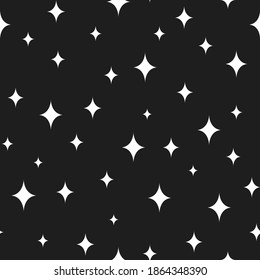 Seamless cute pattern with  white stars or sparkles on black background. Vector illustration. Magic fireworks. Bright Stardust background. Constellation. 