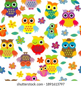 Seamless cute pattern whith cartoon owls on white background