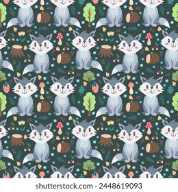 Seamless cute pattern with wolf and forest elements - log, flowers, trees, mushrooms, insects. Flat style children's vector