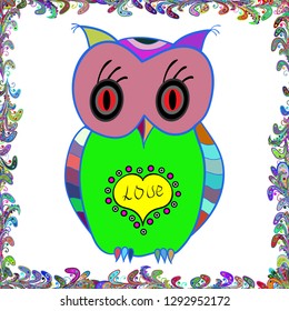 Seamless. Cute patterned funny bird. Vector zendoodle ornate owl illustration. Picture for coloring pages, printing and antistress books in white, pink and green colors.