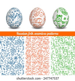 Seamless cute patterns with cats and birds. Set of realistic isolated Easter eggs. 3D. Vector background. Russian folk painting.