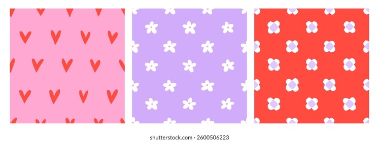 Seamless cute patterns with tiny hearts and spring flowers. Repeating print designs set, endless backgrounds, textures for textile, fabric, wrapping paper. Feminine girly flat vector illustrations