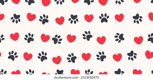 Seamless cute paw toe and heart pattern background for fabric print. Seamless pattern vector with hearts and dog footprint. Dog Paw vector heart valentine footprint.