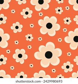 Seamless cute peach flowers pattern in flat style on isolated orange background. For home textiles, wrapping paper, wallpaper.