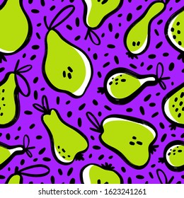 Seamless cute pear pattern on white background. Vector illustration for printing textile, wrapping paper, packaging or wallpaper. 
Fresh, funny, healthy, bright ornament.