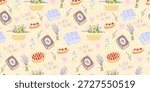 Seamless cute picnic pattern with pastel baskets, flowers, and lemonade in a cozy kawaii mood. Designed for childrens textiles, wrapping paper, and summer wallpaper.