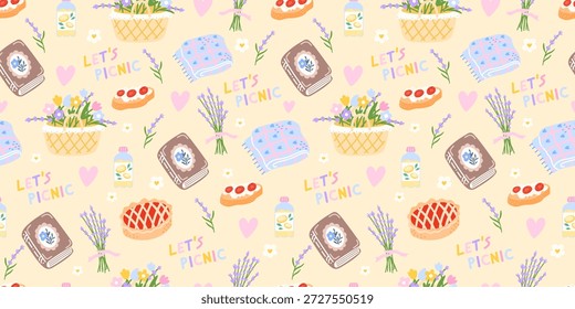Patrón de picnic lindo sin fisuras con canastas pastel, flores y limonada en un sentimiento kawaii acogedor. Diseñado para textiles para niños, papel de embalaje y Fondo de pantalla de verano.