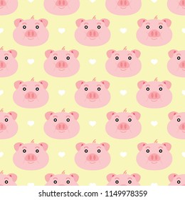 seamless cute pig with heart vector pattern on yellow background. cute animal pattern