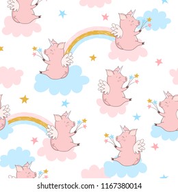 Seamless Cute Pig Unicorn Pattern. Baby Print.