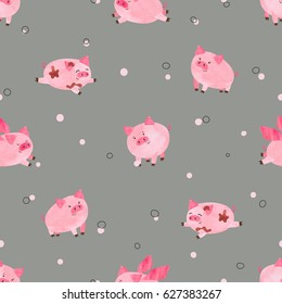 Seamless cute pigs pattern. Vector watercolor cartoon piggy background. 