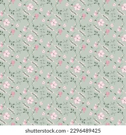 Seamless and cute pink illustration flowers with green leaves pattern on green background
