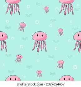 Seamless cute pink jellyfish cartoon drawing with bubbles and waves on a bright blue sea background.