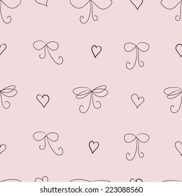 Seamless cute pink pattern with hand-drawn bows and hearts for girls