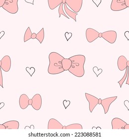 Seamless cute pink pattern with hand-drawn bows and hearts for girls