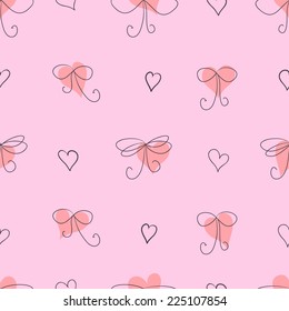 Seamless cute pink pattern with hand-drawn bows and hearts for girls