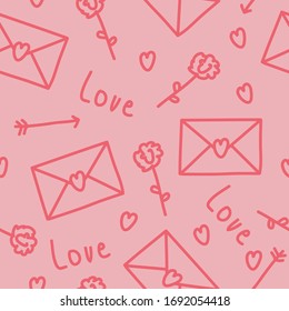 Patrón vectorial rosa impecable con símbolos dibujados a mano sobre fondo rosa. Papel de regalo, interior, tela, tela o diseño web.