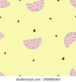 Seamless cute pink watermelon with heart shape seeds on yellow background, Kawaii pattern summer fruits in pastel colour, Vector endless designs for kids on summer holiday