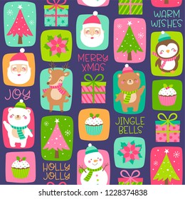 Seamless of cute polar bear, snowman, penguin, reindeer, santa claus and decorative elements for christmas and new year background