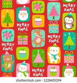 Seamless of cute polar bear, snowman, penguin, reindeer, santa claus and decorative elements for christmas and new year background