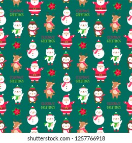 Seamless of cute polar bear, snowman, penguin, reindeer, santa claus for christmas and new year background