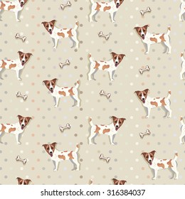  Seamless cute polka dot pattern background with Jack Russell Terrier.