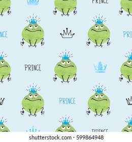 Seamless cute Prince Frogs pattern. Vector background for kids design.