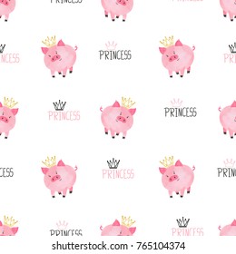 Seamless cute princess pig pattern. Vector childish background