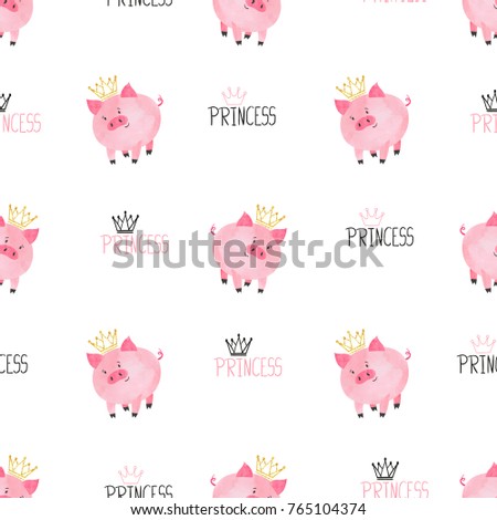 Seamless cute princess pig pattern. Vector childish background