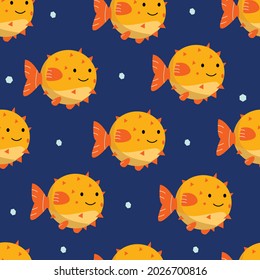 Seamless cute puffer fish, puffers, balloonfish, blowfish or globefish. Cartoon fish pattern background, Vector illustration, sea animals