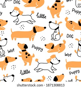 Seamless Cute Puppy Dog Pattern. Cartoon Funny And Happy Dog Character With Simple Shape Style. Illustration For Background, Wallpaper, Textile, Fabric.