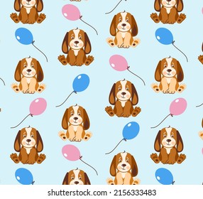 Seamless cute puppy dog pattern. Cartoon funny and happy dog character. Cartoon vector illustration.