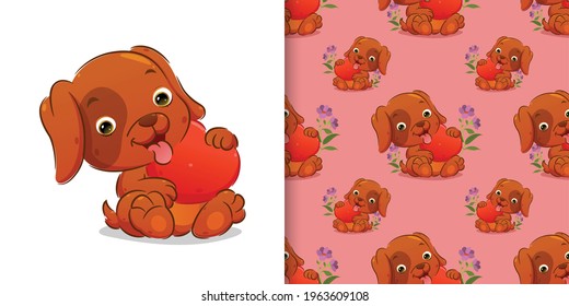 The seamless of the cute puppy is sitting and holding a heart doll on her hand of illustration