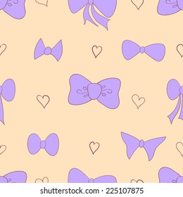 Seamless cute purple pattern with hand-drawn bows and hearts for girls