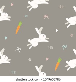 Seamless cute rabbit pattern in doodle vector style