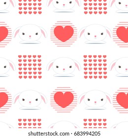 Seamless cute rabbit pattern with heart, valentine concept on white background, pastel color